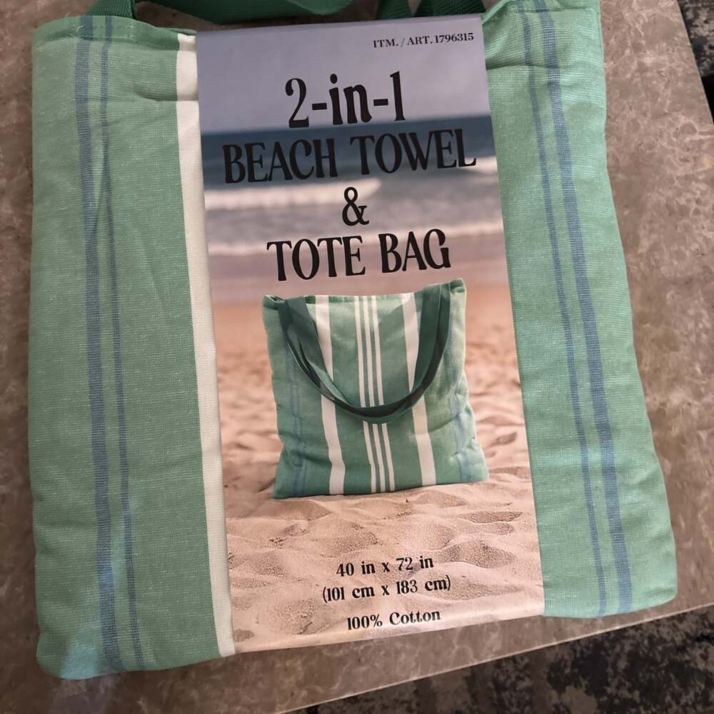 Himatsingka America Beach Towel Tote Bag Green Multicolor Striped 2-in-1 Cotton